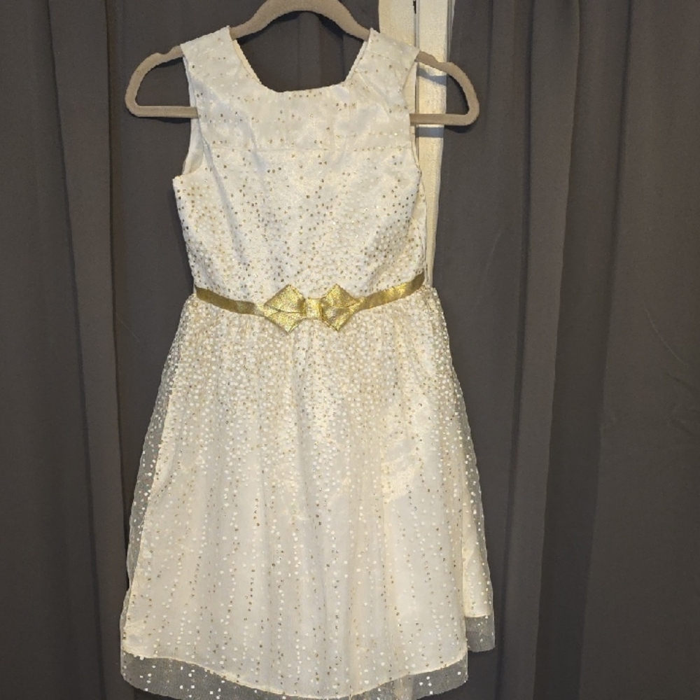 Jona Michelle Girls Cream/Gold Sequin Dress Christmas Ties Button Back Sz 12 EUC